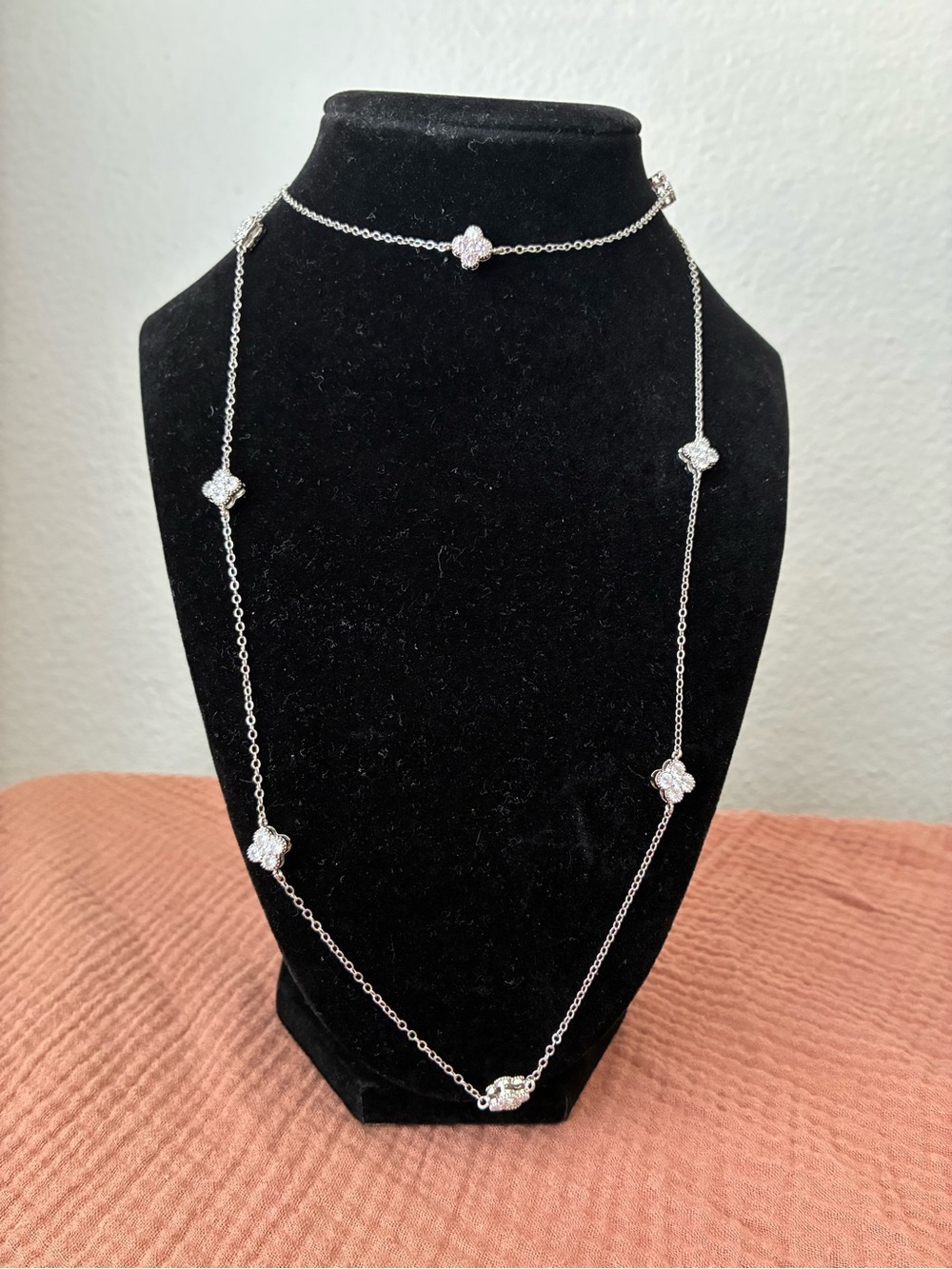Silver Tone Floral Long Layered Necklace 32”